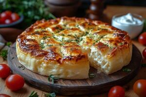 a platter of Bulgarian banitsa, golden and flaky, surrounded by yogurt and fresh herbs photo