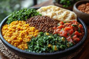 a platter of Ethiopian injera topped with various colorful wot, stews, including lentils, greens, and chicken, placed on a traditional basket table with soft natural lighting photo