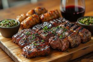 an Argentine asado, with a variety of grilled meats like chorizo and ribs photo