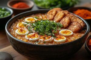 a rare Burmese mohinga, a fish-based noodle soup garnished with boiled eggs, crispy fritters, and herbs, served in a handcrafted bowl with vibrant spices photo