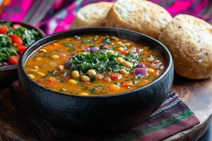 a steaming bowl of West African peanut soup, groundnut stew, served with fresh bread rolls and a side of vegetables, with vibrant traditional fabrics in the background photo