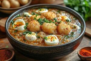 a rare Burmese mohinga, a fish-based noodle soup garnished with boiled eggs, crispy fritters, and herbs, served in a handcrafted bowl photo
