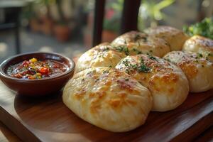 Bolivian saltenas, savory empanadas, with golden flaky crusts, stuffed with spicy meat and vegetables, served on a wooden board photo