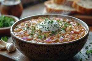 a steaming bowl of Ukrainian borscht, topped with a dollop of sour cream, served with rye bread and garlic, with a rustic wooden background and warm lighting photo
