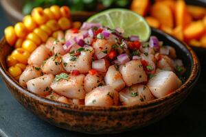 a traditional Peruvian ceviche served in a ceramic bowl, featuring fresh fish, red onions, lime juice, and chili peppers, accompanied by corn and sweet potatoes photo