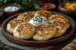 a traditional Eastern European table setting with freshly baked pierogi served on a rustic wooden plate, garnished with sour cream and herbs, surrounded by traditional textiles, soft natural light photo