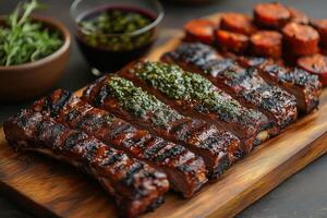 an Argentine asado, with a variety of grilled meats like chorizo and ribs, served on a rustic wooden board, surrounded by chimichurri sauce and a glass of red wine photo
