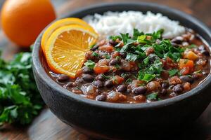 Brazilian feijoada, a hearty black bean stew with pork, served with white rice, collard greens, and orange slices, placed on a rustic wooden table photo