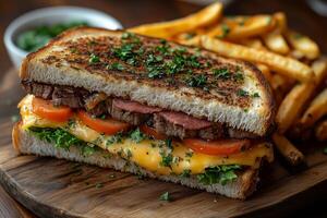 Uruguayan chivito sandwich, layered with steak, ham, cheese, lettuce, and tomatoes, served with crispy fries on a wooden platter, bright daylight highlighting the dish's vibrant colors photo