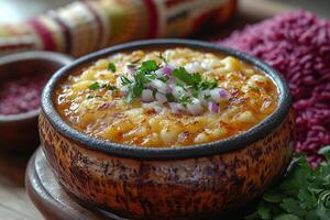 Bhutanese ema datshi, a spicy chili and cheese stew, served in a ceramic bowl with red rice on the side, traditional Bhutanese textiles in the background, and warm, inviting lighting photo