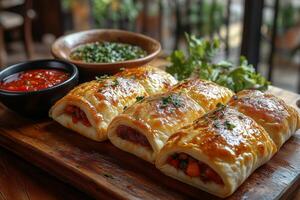 Bolivian saltenas, savory empanadas, with golden flaky crusts, stuffed with spicy meat and vegetables, served on a wooden board with a side of chili sauce photo