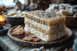 Greenlandic mattak, whale skin with blubber, arranged on a wooden plate, accompanied by small slices of dried fish photo