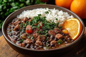 Brazilian feijoada, a hearty black bean stew with pork, served with white rice, collard greens, and orange slices photo