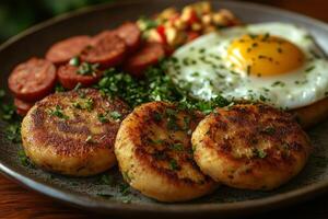 Ecuadorian llapingachos, potato patties, served with chorizo, a fried egg, and peanut sauce, arranged on a rustic ceramic plate, with warm ambient light highlighting the textures photo