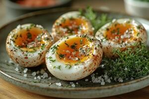 Filipino balut, fertilized duck egg, cracked open and served on a plate with a side of vinegar and salt, garnished with herbs, and presented on a rustic wooden table with natural light photo