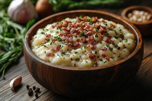Slovak bryndzove halusky , potato dumplings with sheep cheese, topped with crispy bacon, served in a traditional wooden bowl, surrounded by fresh ingredients and natural light photo