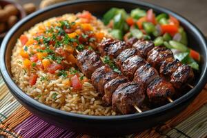 Malian rice with maafe, peanut stew, served alongside grilled meat skewers and fresh vegetables, displayed on a colorful mat with traditional decor and soft daylight photo