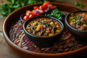 Paraguayan sopa paraguaya, cornbread-like dish, served alongside hearty beef stew and a fresh tomato salad, with a traditional woven tablecloth in the background, natural lighting photo