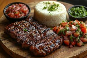 Tanzanian nyama choma, grilled meat, served with ugali and kachumbari, fresh tomato and onion salad, placed on a rustic wooden platter with bright sunlight photo
