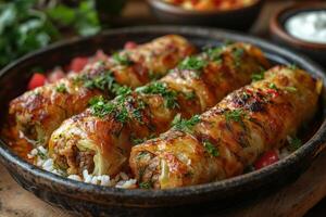 Romanian sarmale, cabbage rolls stuffed with rice and meat, served in a ceramic dish, garnished with dill and served with sour cream, a cozy rustic atmosphere in the background photo