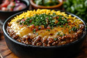 South African bobotie, a baked minced meat dish topped with golden egg custard, served with yellow rice, chutney, and sambals, presented on a rustic wooden table with natural light photo