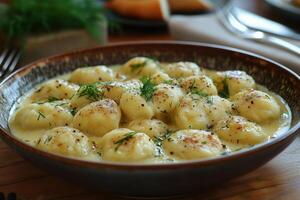 Russian pelmeni in a creamy butter sauce, garnished with dill, served in a ceramic bowl on a wooden table with traditional cutlery and soft natural light photo