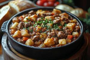 a platter of Hungarian goulash served in a cast-iron pot, accompanied by paprika and fresh bread, with a cozy, rustic kitchen setting in the background photo