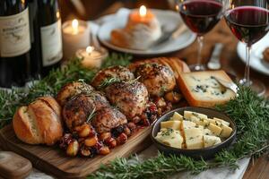 a French farmhouse dinner, featuring a rustic baguette, cheese board, coq au vin, and red wine, served on a wooden table with elegant linens and warm candlelight photo