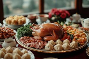 a Chinese banquet table, featuring Peking duck, dumplings, stir-fried vegetables, and tea, served on a round table with a lazy Susan photo