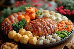 a Chinese banquet table, featuring Peking duck, dumplings, stir-fried vegetables, and tea photo