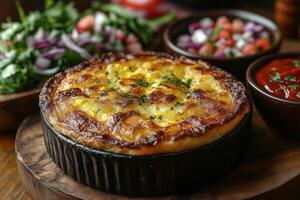 a Chilean pastel de choclo, corn pie, baked to a golden crust, served with a side of fresh salad and traditional chili sauce photo