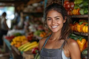 a female shop owner standing proudly in front of her small rural store, shelves stocked with colorful local products, smiling confidently under natural sunlight photo