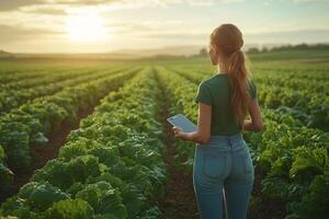 a female farmer standing confidently in the middle of a vegetable field, holding a clipboard and a smartphone, with rows of crops stretching into the distance under bright natural sunlight photo