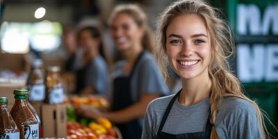 a female leader organizing a food drive, standing beside tables filled with donations, smiling while coordinating with other volunteers, with a clean right side for promotional use photo