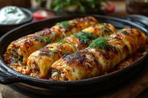 Romanian sarmale, cabbage rolls stuffed with rice and meat, served in a ceramic dish, garnished with dill photo