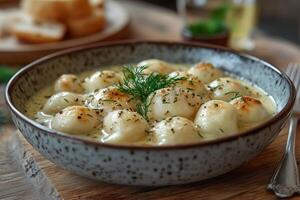 Russian pelmeni in a creamy butter sauce, garnished with dill photo