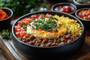 South African bobotie, a baked minced meat dish topped with golden egg custard, served with yellow rice, chutney, and sambals photo