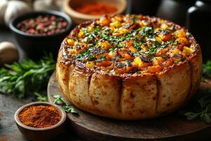 South African bunny chow, a hollowed-out bread loaf filled with flavorful curry, surrounded by vibrant spices and herbs, placed on a rustic board with soft natural lighting photo