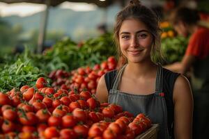 a female farmer selling fresh produce at a roadside stand, arranging vibrant vegetables and fruits, with a scenic countryside in the background under bright sunlight photo