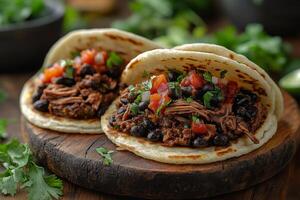 Venezuelan arepas filled with shredded beef, black beans, and cheese, arranged on a rustic wooden plate, with vibrant background details photo