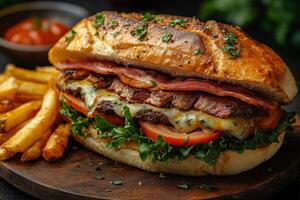 Uruguayan chivito sandwich, layered with steak, ham, cheese, lettuce, and tomatoes, served with crispy fries on a wooden platter photo