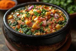 a Nigerian dish of egusi soup with pounded yam, featuring vibrant greens and spiced melon seeds photo