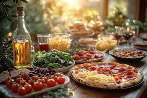 an Italian family-style dinner, with platters of pasta, freshly baked pizza, antipasti, and a bottle of olive oil, served on a long wooden table with warm daylight photo