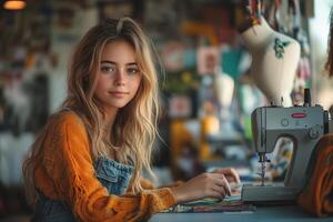 a teenage fashion designer sewing a prototype on a machine, with colorful fabrics, scissors, and a mannequin nearby, in a bright and creative studio photo