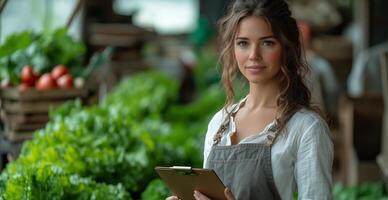 a woman standing confidently in the middle of a vegetable farm, holding a clipboard and giving instructions to workers, surrounded by lush greenery and farm tools, bright natural daylight photo