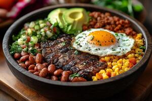 Colombian bandeja paisa, featuring grilled steak, fried eggs, chorizo, avocado, rice, and beans photo
