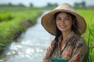 a woman managing an irrigation system in a rice field, standing on a levee with water flowing nearby, wearing traditional farming attire and smiling under bright sunlight photo