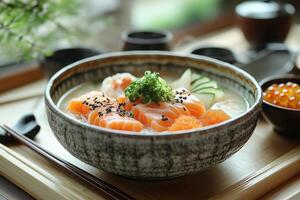 a Japanese kaiseki meal, featuring small, elegantly arranged dishes of sushi, tempura, and miso soup photo