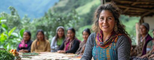 a woman leading a fair trade cooperative meeting outdoors, surrounded by artisans displaying handmade products, with trees and mountains in the background, and room on the right for text photo