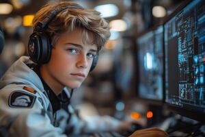 a teen boy creating a 3D model on a computer, wearing headphones and working on a futuristic design, with a modern gaming chair and LED lighting in the background photo